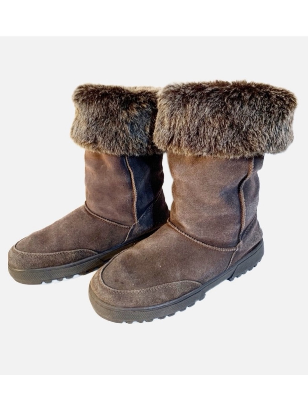 Rampage Brown Suede Leather Fur Lined Cuff Boots Style Ashlee Rubber Bottom 🟤